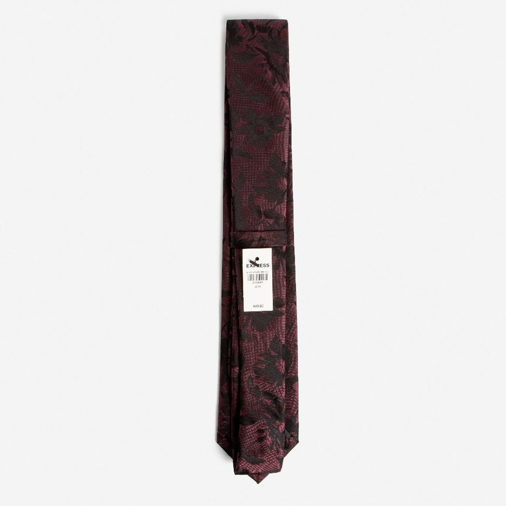 Burgundy Narrow Floral Silk Tie - Picture 3 of 4